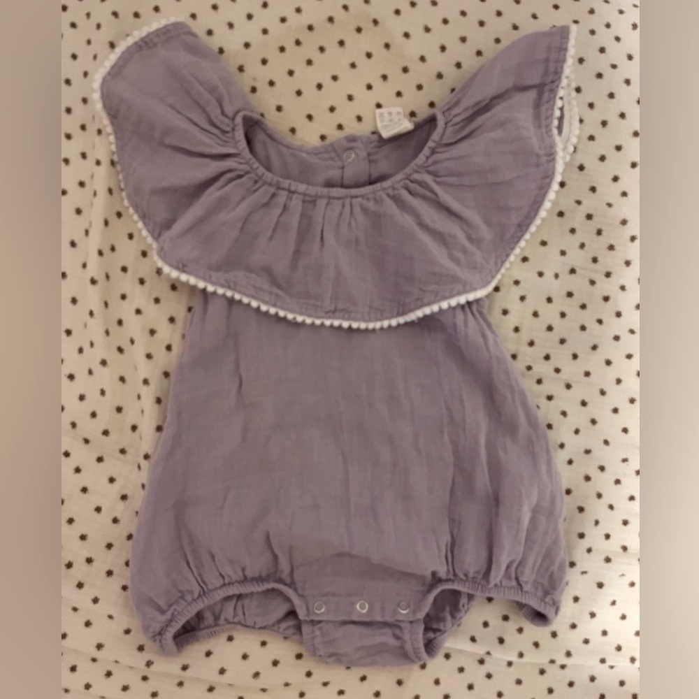 Kate Quinn Lavender Ruffle Bubble with Pom Pom trim